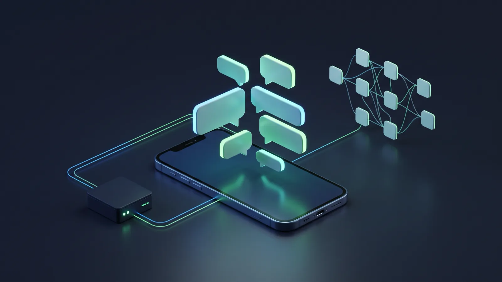 Ilustração de um celular com balões de conversa flutuando sobre a tela, ligado por linhas de luz a um pequeno servidor e a um fluxo de automação